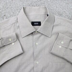 BOSS Hugo Boss Shirt Mens 16, 32/33 Beige 100% Cotton Long Sleeve Button Up